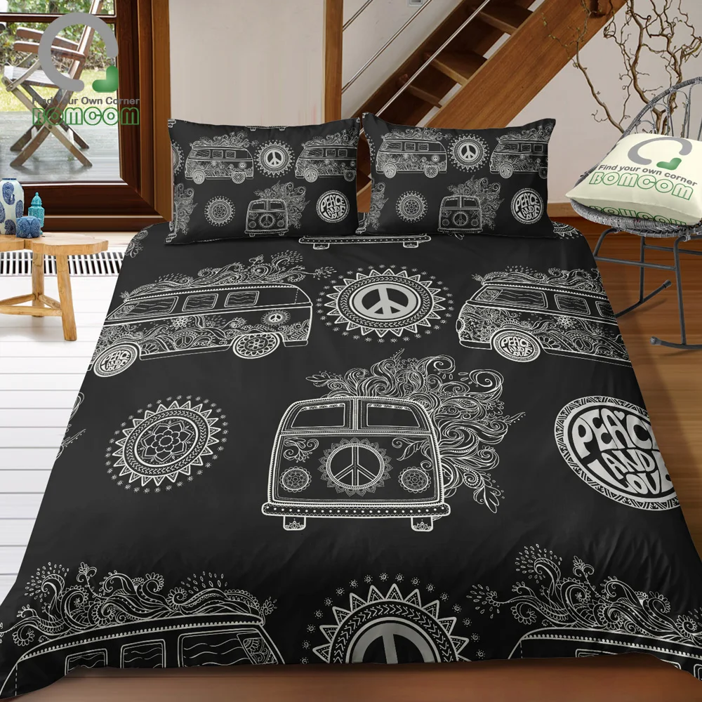 

BOMCOM 3D Digital Printing Camper Van Mandala Peace Sign Hippie Style Campervan Duvet Cover Sets 100% Microfiber Black & White