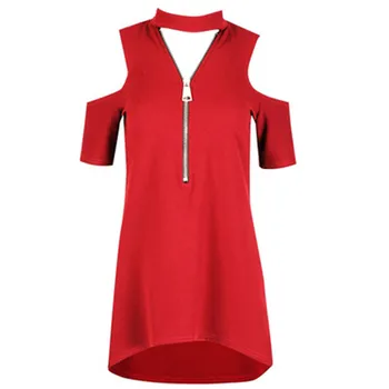 

Ebay Explosion Models Spring And Summer New V-neck Zipper Open Chest Strapless Short-sleeved Dress Large Size Women's T-shirt