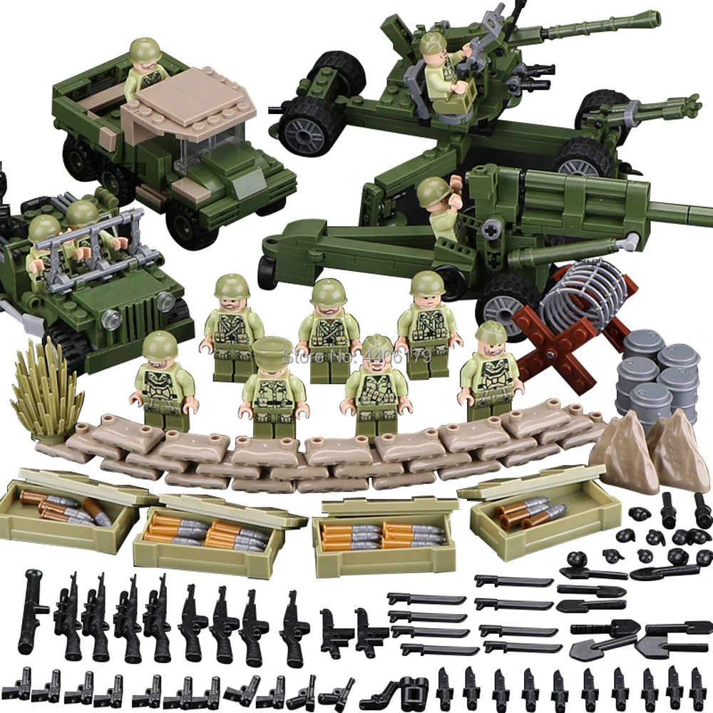 

compatible LegoINGlys military WW2 US Army Tunisian landing fight Building Blocks mini weapons figures bricks toys for children