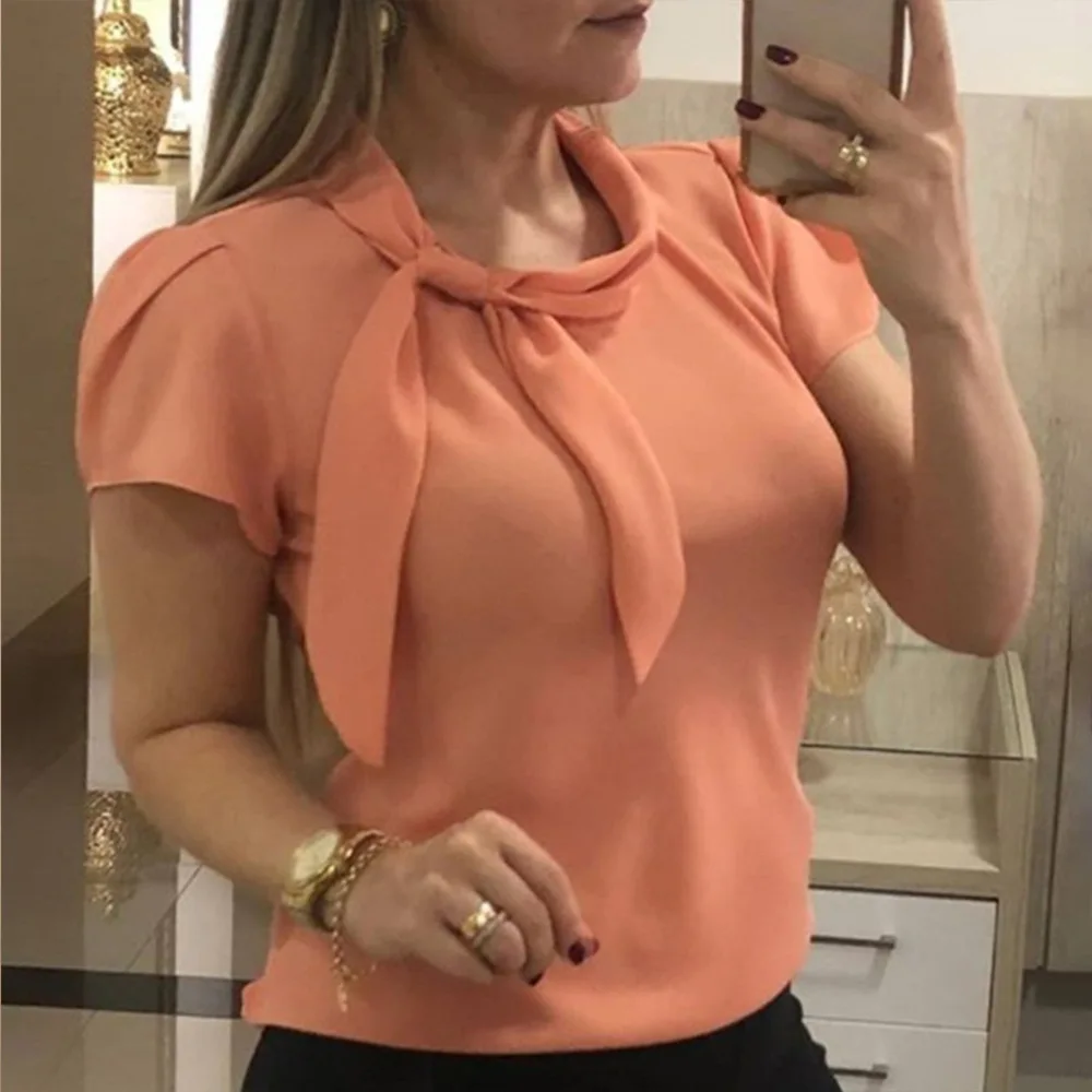 2019 Spring New Solid Long Flare Sleeve Women Blouse Fashion Lace-Up Bow Tie Work Office Ladies Shirts Tops Plus Size