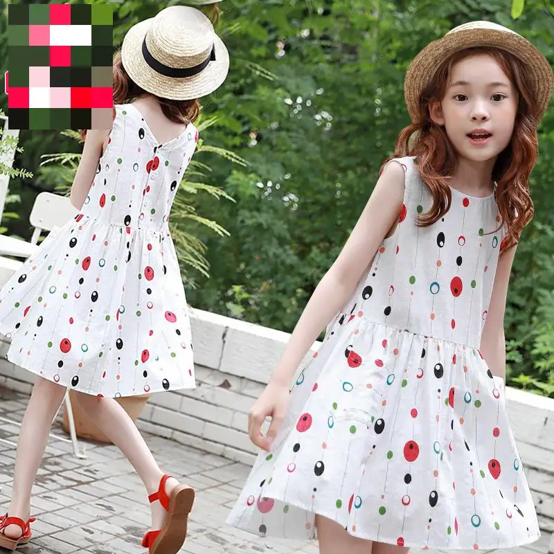

2019 Girl Summer Dress Teenager New Fashion Sleeveless Cotton Kids Party Dresses White Dot Princess Toddler Dresses 8 9 10 12 14