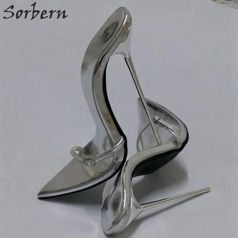 Sorbern New 12Cm 14Cm 16Cm Silver Heels Slippers Women Buckles Thin Straps Made-To-Order Silver Women Slides Party Shoe T-Show