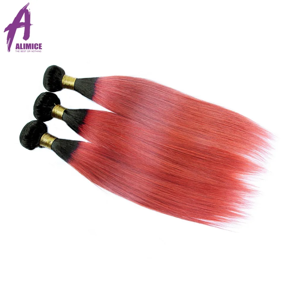 Alimice Ombre Bundles With Closure Brazilian Straight Hair 3 Bundles With Lace Closure 1BLight Pink Colored Human Hair Weave  (25)