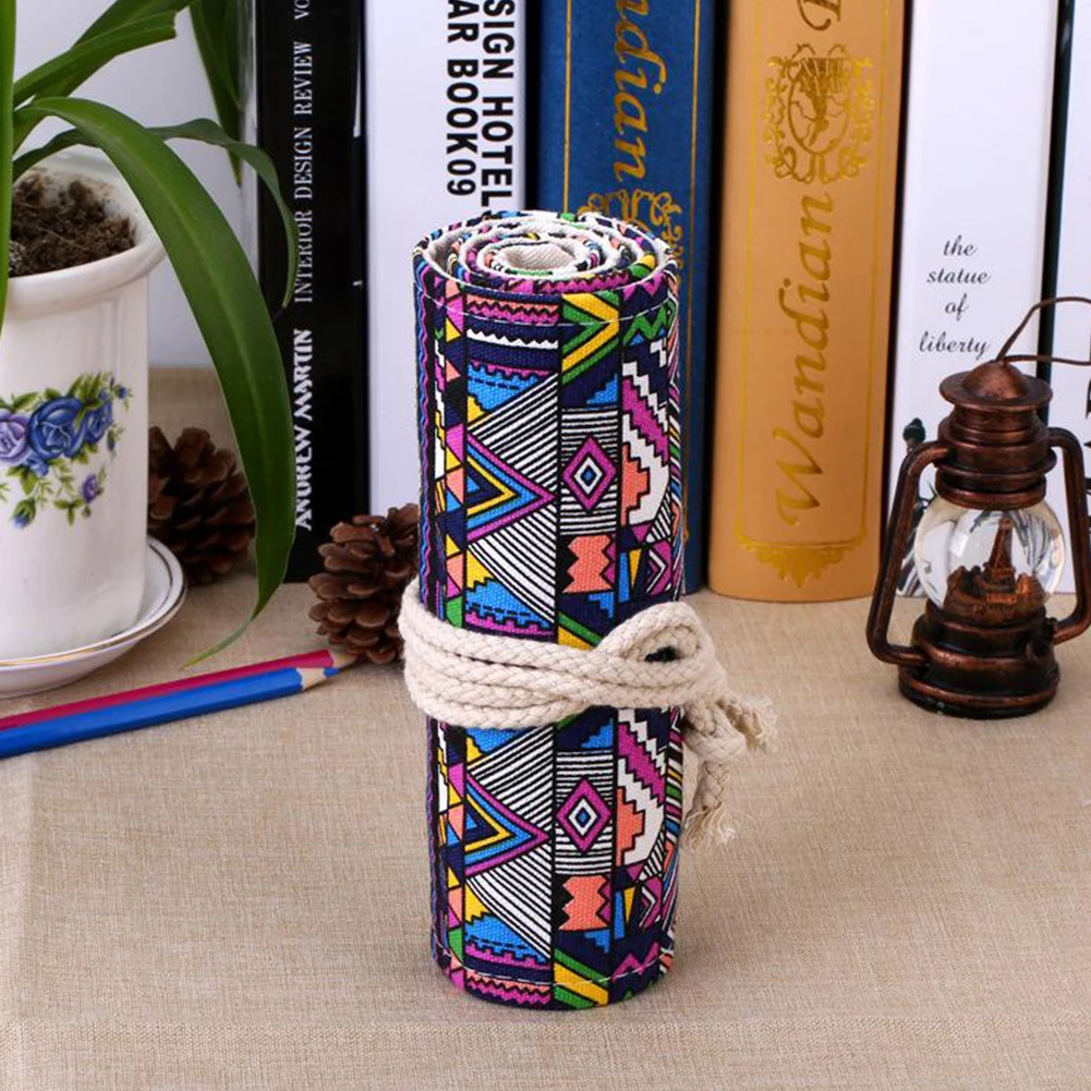 

Cosmetic Bag Makeup Bags Ethnic Style Canvas Roll Pencil Case School Roll Stationery Pouch Makeup Brush Case 36/48/72 Holes