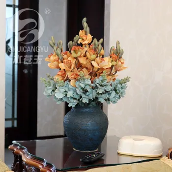 

SHUICANGYU Nordic Creative Fashion Arts Ceramic Vase Home Wedding Rastaurant table Decorative Object With Faux Cymbidium Bouquet