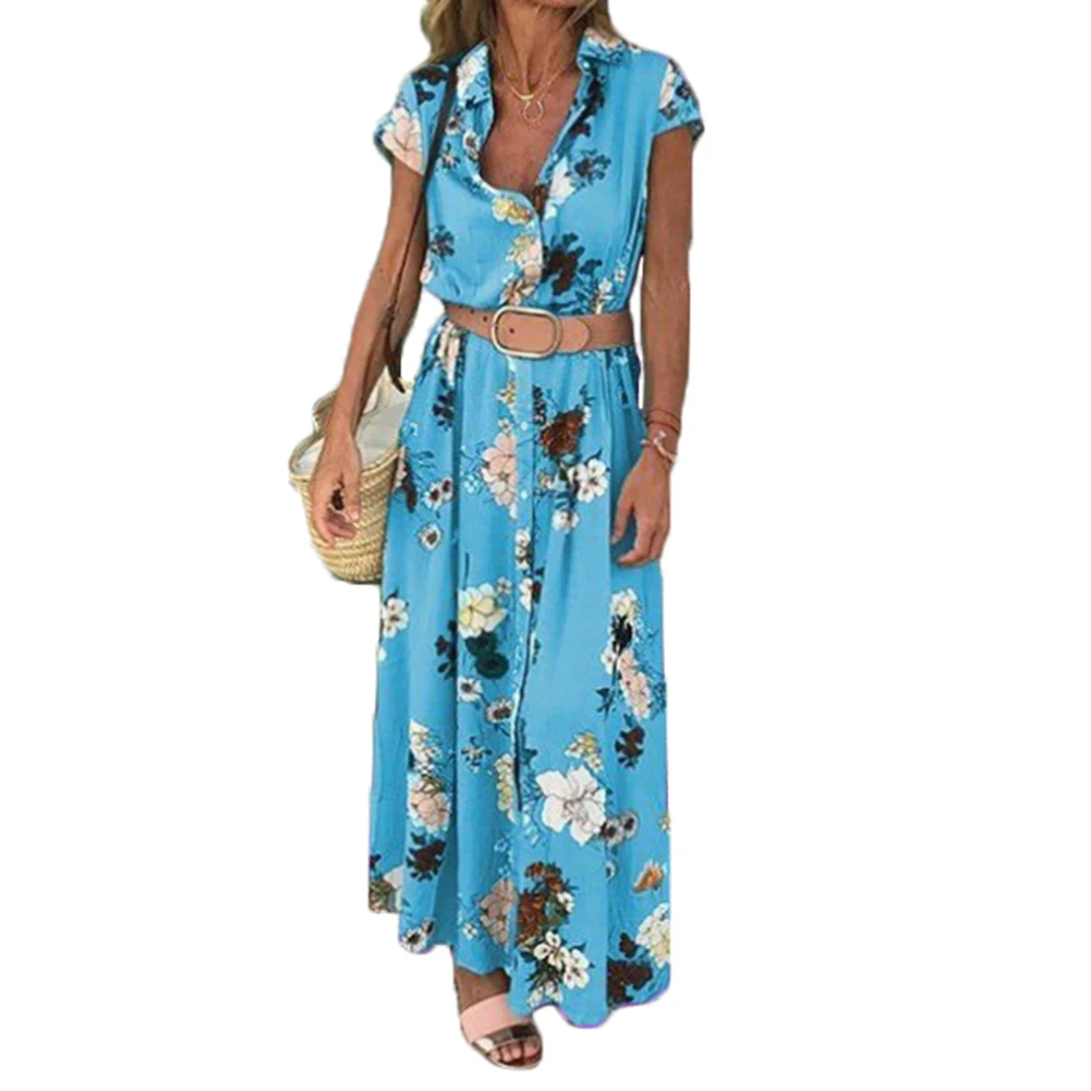 Женское платье с цветочным принтом Boho длинное пляжное коротким рукавом на
