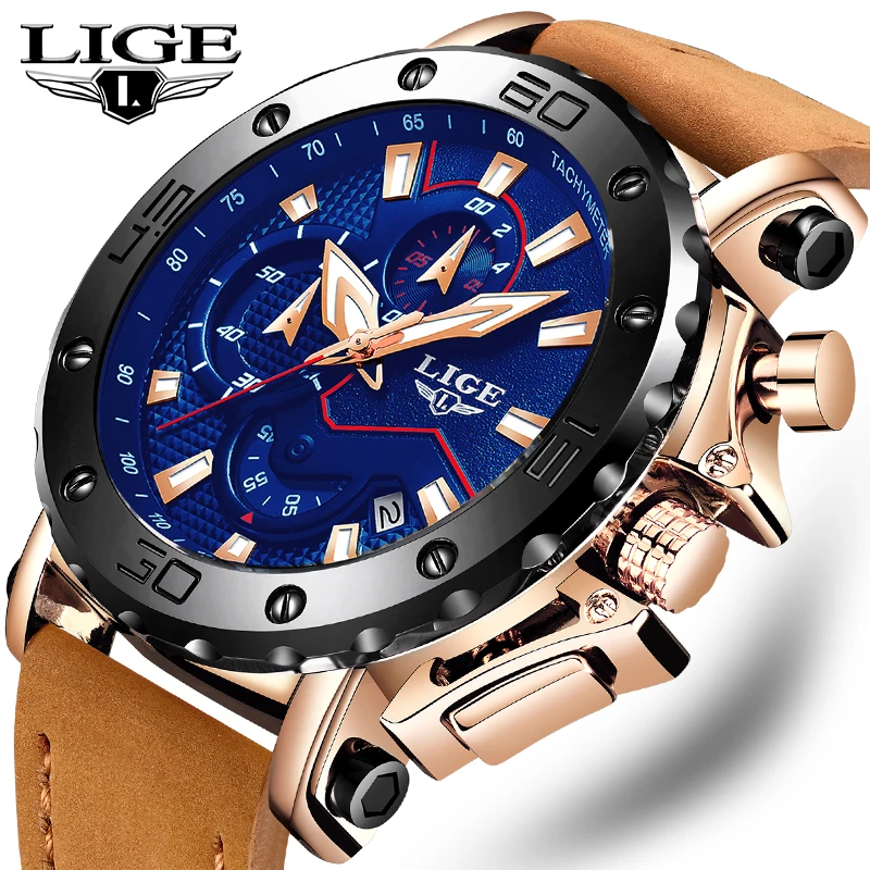 

LIGE Mens Watches Top Brand Luxury Big Dial Chronograph Sport Watch Men Waterproof Leather Quartz Watch Relogio masculino