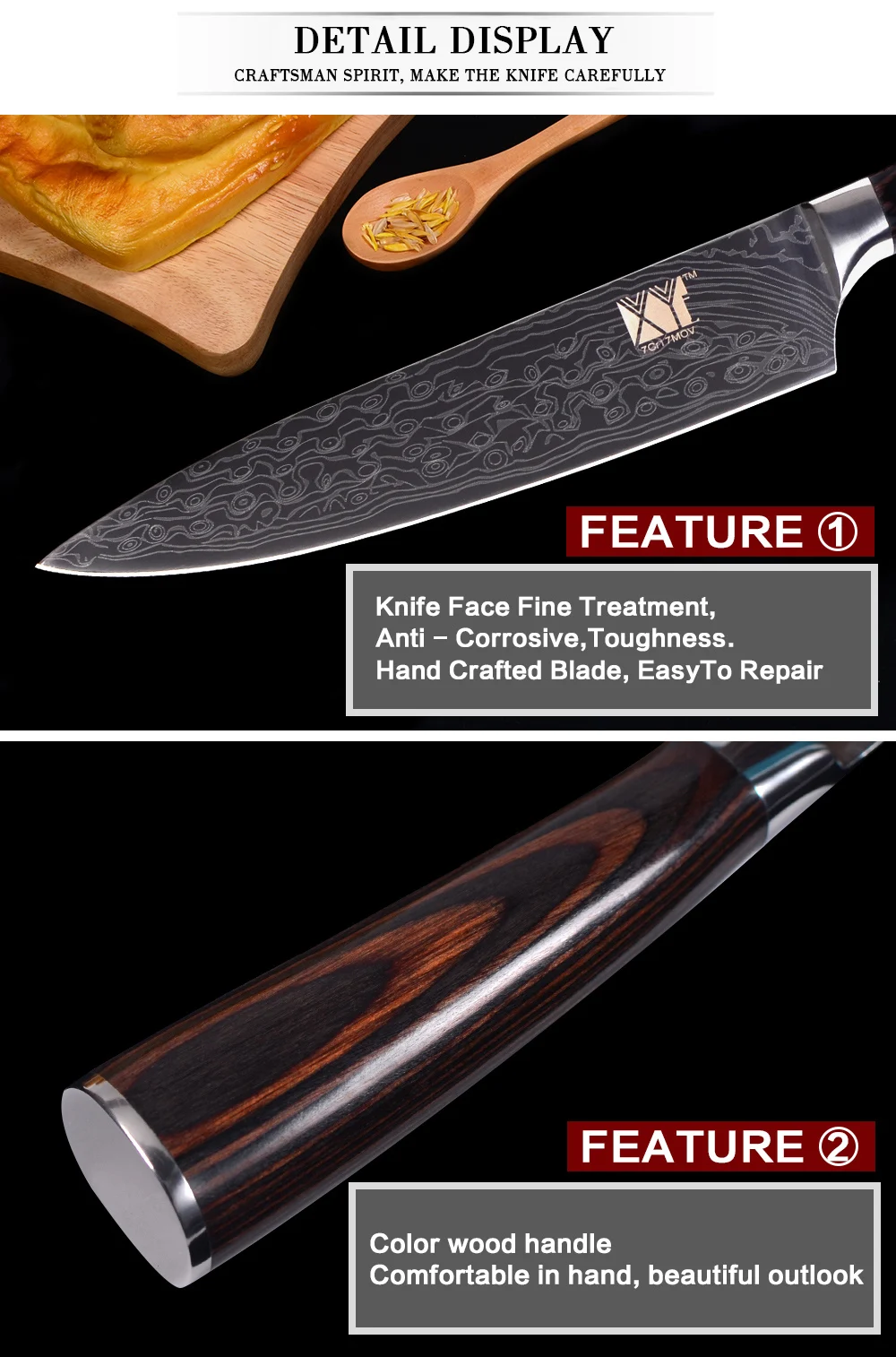 XYj горячий дамасский узор, нож из нержавеющей стали, набор кухонных ножей 7Cr17, нож из нержавеющей стали с цветной деревянной ручкой, кухонные инструменты