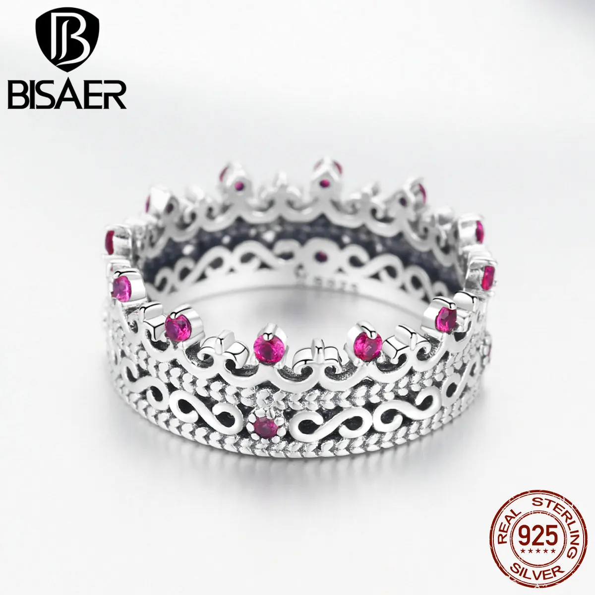 BISAER, настоящее 925 пробы, серебряное, принцесса, королева, корона, кольца для женщин, Лавровая корона, обручальное кольцо, ювелирное изделие ECR487