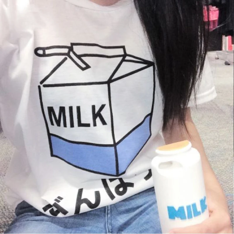 

Japan Style Milk Printed Tops Students Female Harajuku T shirt Hipster Tumblr Black White WMT321