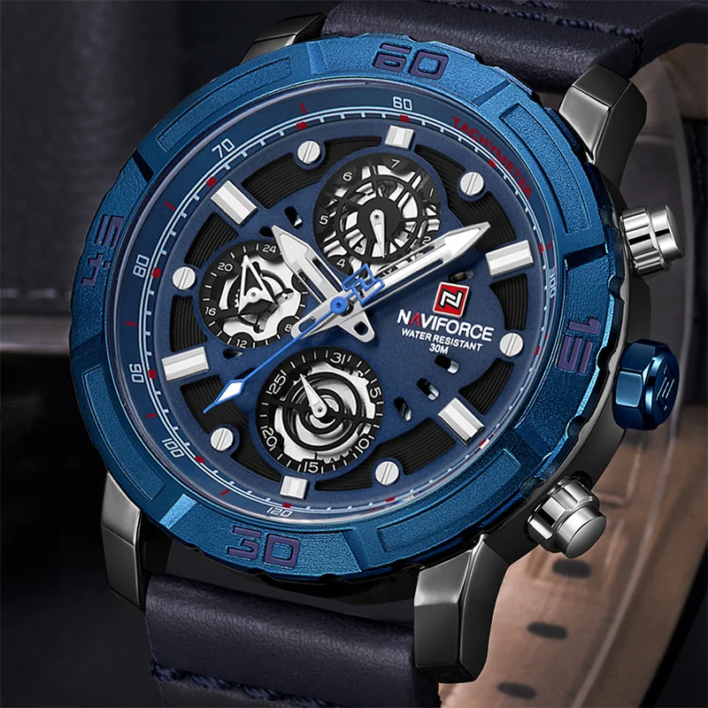 

NAVIFORCE Fashoin Sport Mens Watch Waterproof Analog Quartz Wristwatch Casual Genuine Leather Strap Hollow Dial Men Watches 9139