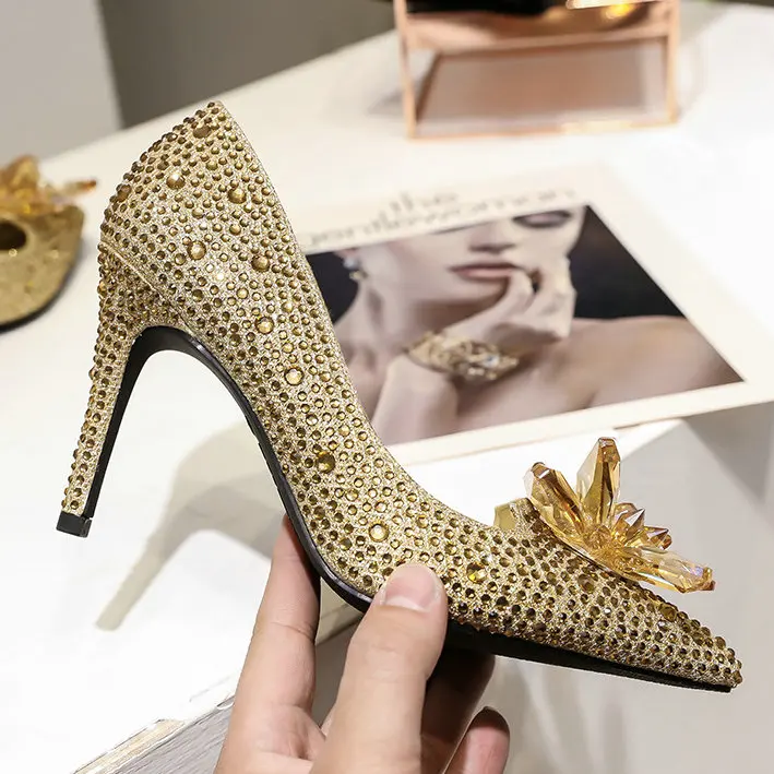 Свадебные туфли в европейском стиле; женские туфли со стразами; красные свадебные туфли на шпильке с острым носком; модные туфли подружки невесты на высоком каблуке - Color: Gold -9CM Heel