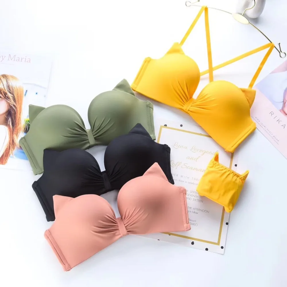 

JYF Fashion Brand Bra Set Sexy Cat Ear Underwear Wire Free Push Up Bra Set Women Seamless Lingerie Lovely Bow Girl Yellow Bras