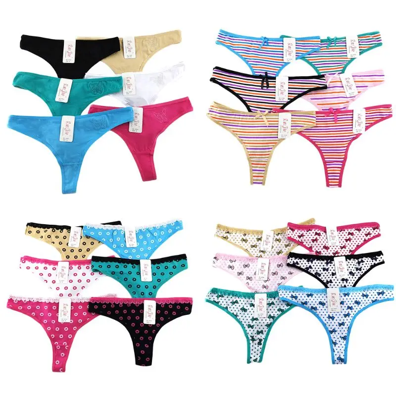 

Women Girls Cotton Low Waist Underwear T-Back Lace Trim Seamless Briefs Panties Colorful Striped Polka Dot Printed Underpants 4