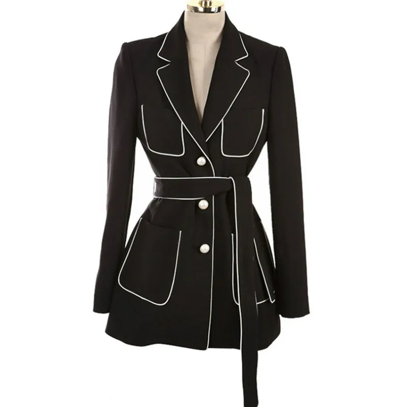 

Mini Woman Suit Pearls Button Blazer White Border OL Jacket with Belt Long Sleeve Turn Down Collar Single-breasted Cardigan Tops