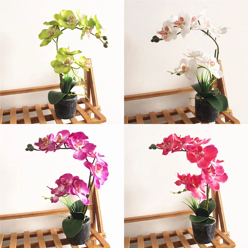 

Artificial Flower Real Touch Butterfly Orchid Flowers with Leaves Wedding Home Hotel Decoration Flores with Vase Orchid Bonsail