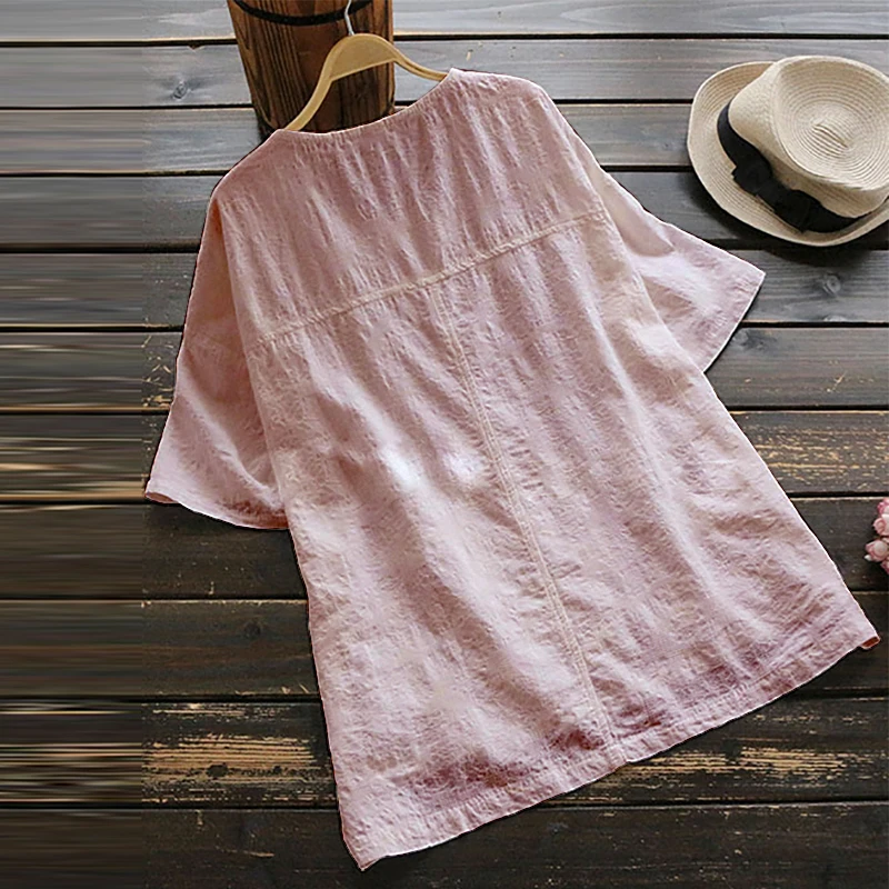 Летняя женская Повседневная Блузка с круглым вырезом и коротким рукавом из хлопка и льна с цветочным принтом, свободная кружевная вязанная блуза белого и розового цвета