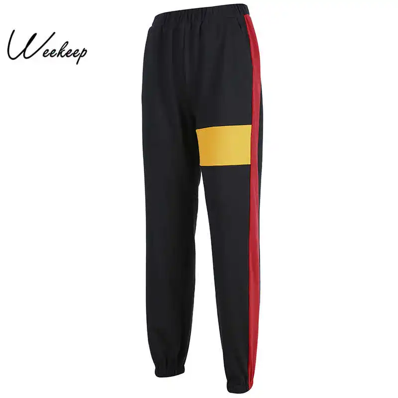 

Weekeep Black Patchwork Pants Women High Waist Streetwear Pencil Pants 2019 Fashion Elastic Waist Cotton Trousers