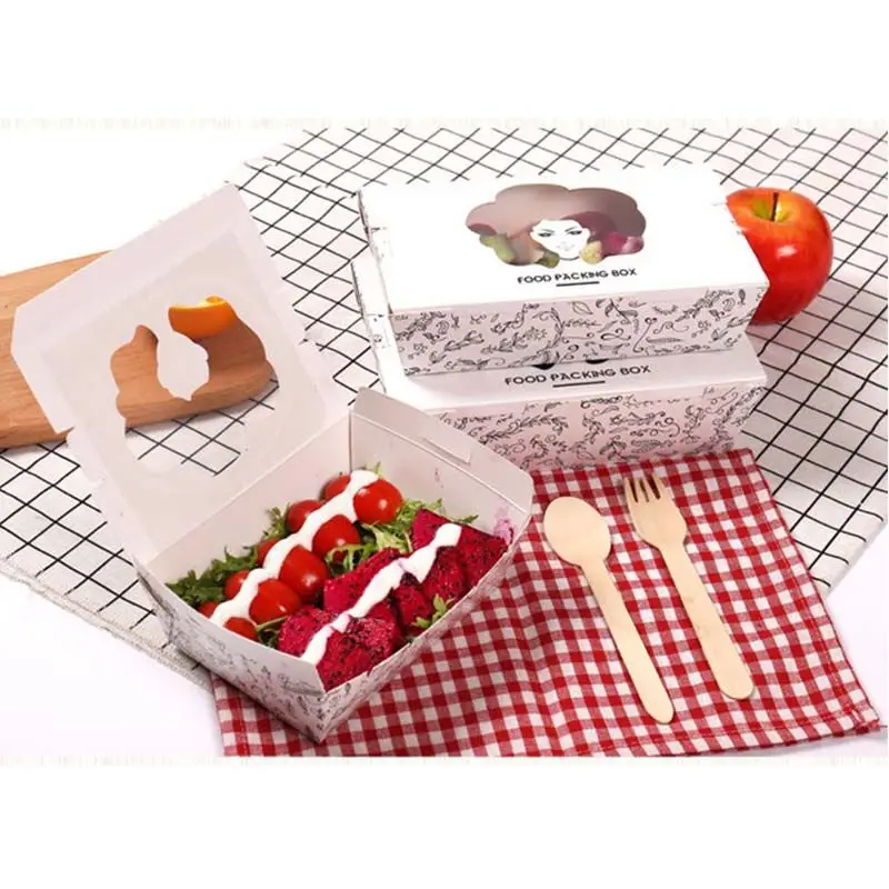 

10pcs White Cardboard Disposable Salad Box Waterproof Box Hollow Out Beauty Fruits Packing Tools Window Film Fast Food Tray