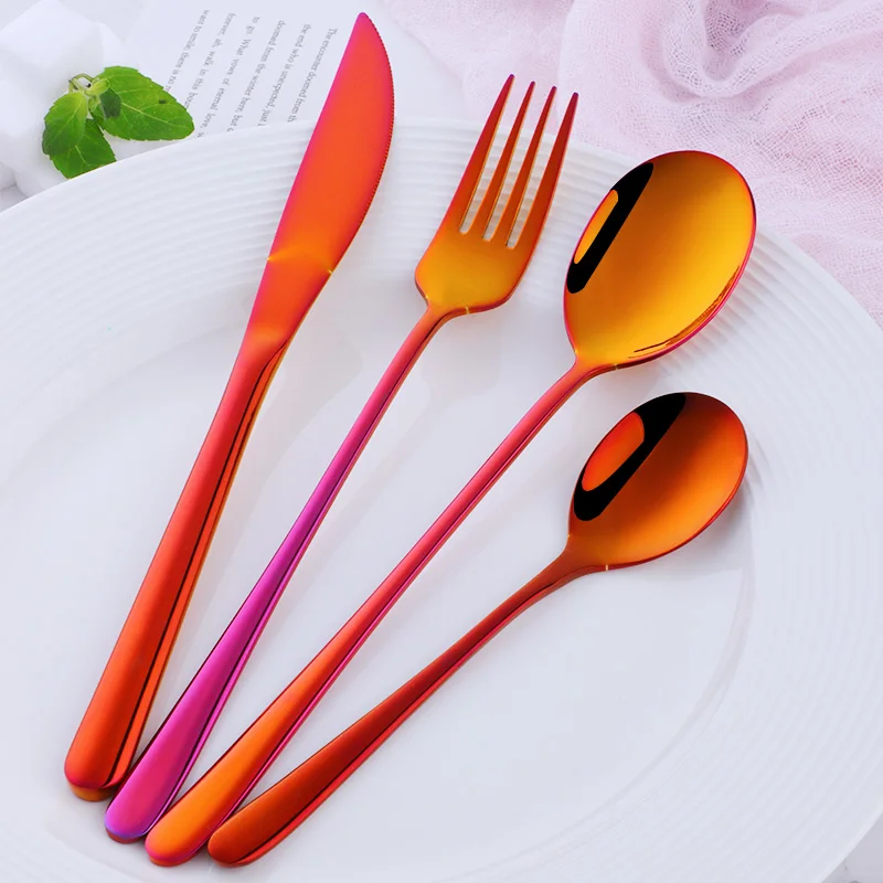 24pcs/lot Korean Food Portable Cutlery 304 Stainless Steel Top Table Knife S poon Fork Dinner Set Dinnerware Gold Tableware Sets - Цвет: rainbow NO.3