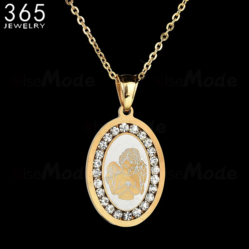 

2018 Hot Sale Stainless Steel CZ Stone Angel Necklace Gold Color Round Pendant Necklace For Women Girls