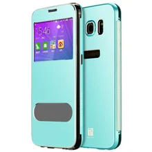 For Galaxy S6 G920 OATSBASF Aluminium Alloy Smart Flip Case with Dual View Window for Samsung S 6 Phone Cover