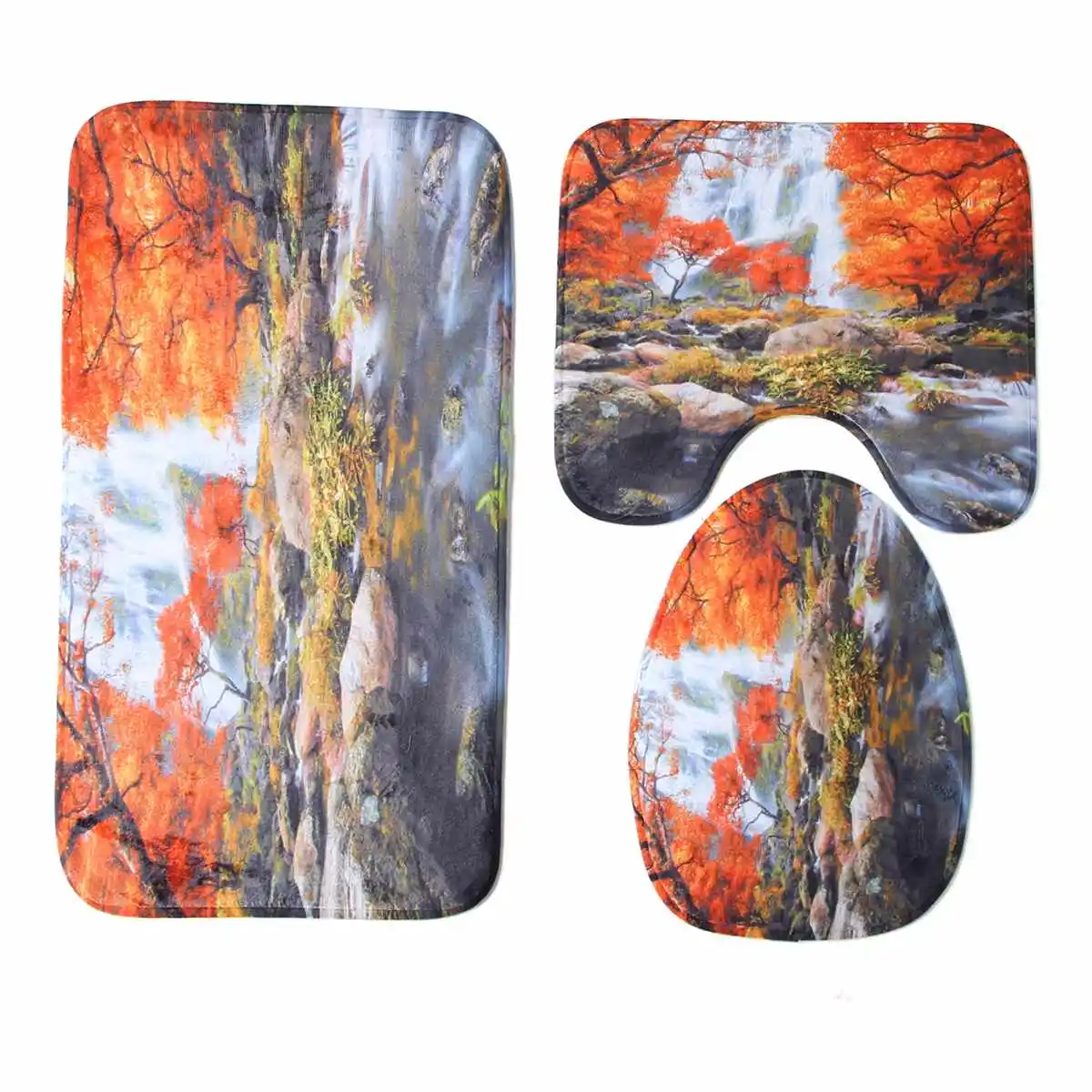 Maple Leaf Printing Bathroom Shower Curtain Bath Mat Toilet Cover Mat Non-Slip Rug Accessories Sets Waterproof Curtain