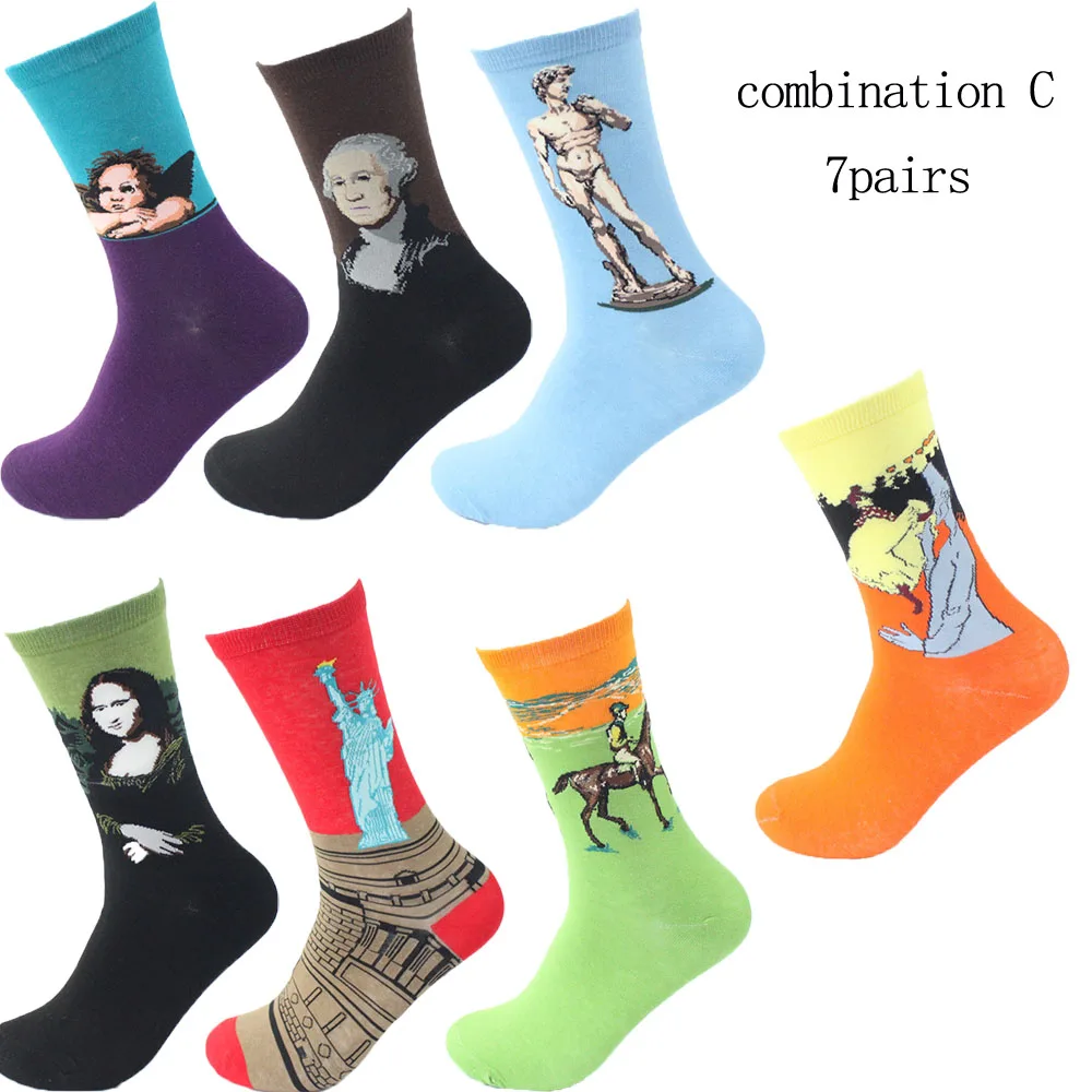 CURRADA 7 пар/лот хлопковые носки для женщин и мужчин тип личности классическое искусство Мона Лиза Ван Гог sox - Цвет: combination C