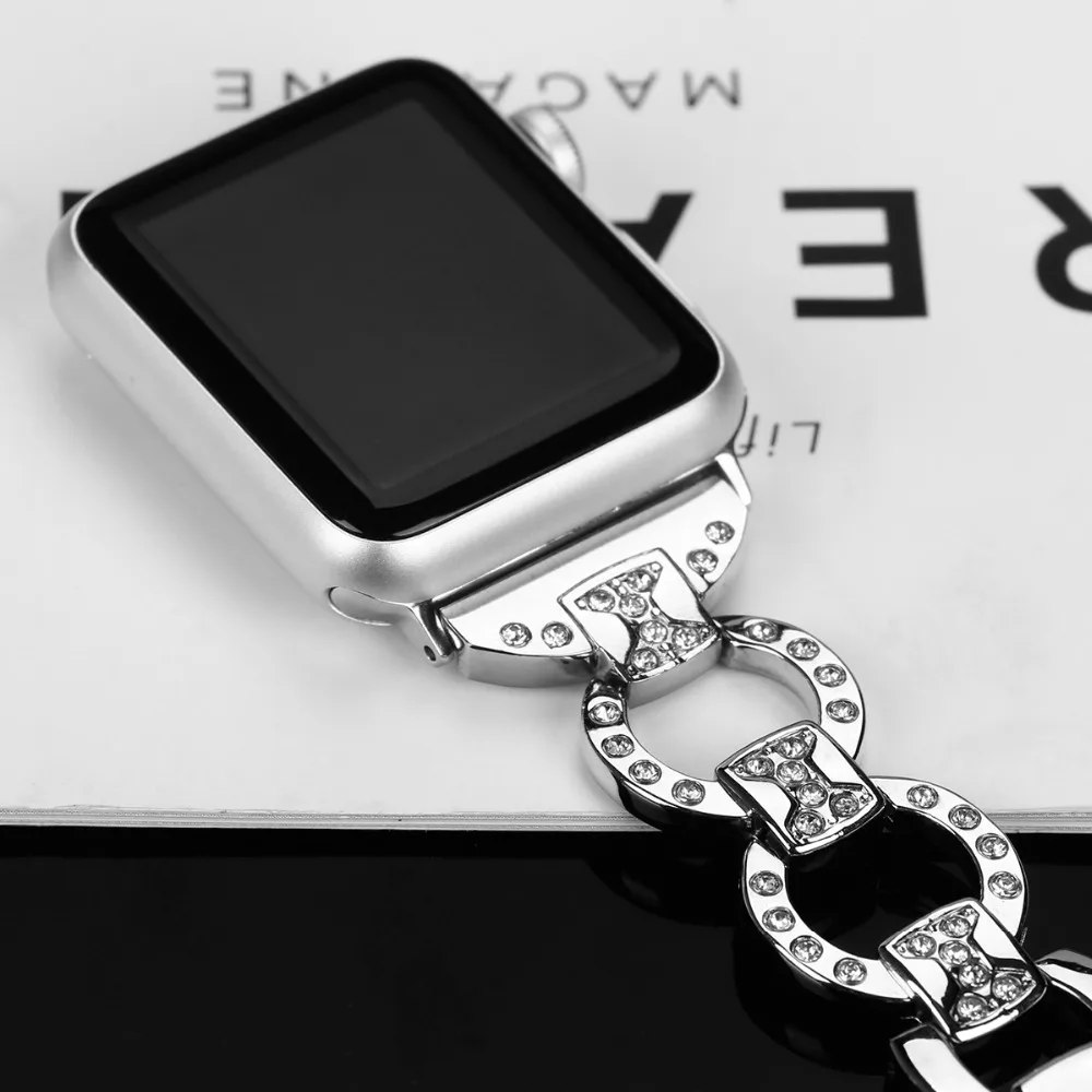 Bling из натуральной кожи часы ремешок для Apple Watch iWatch 4/3/2/1 бриллиант Стразы Нержавеющая сталь металлический браслет ремешок для наручных часов Iwatch, ремешок 82003