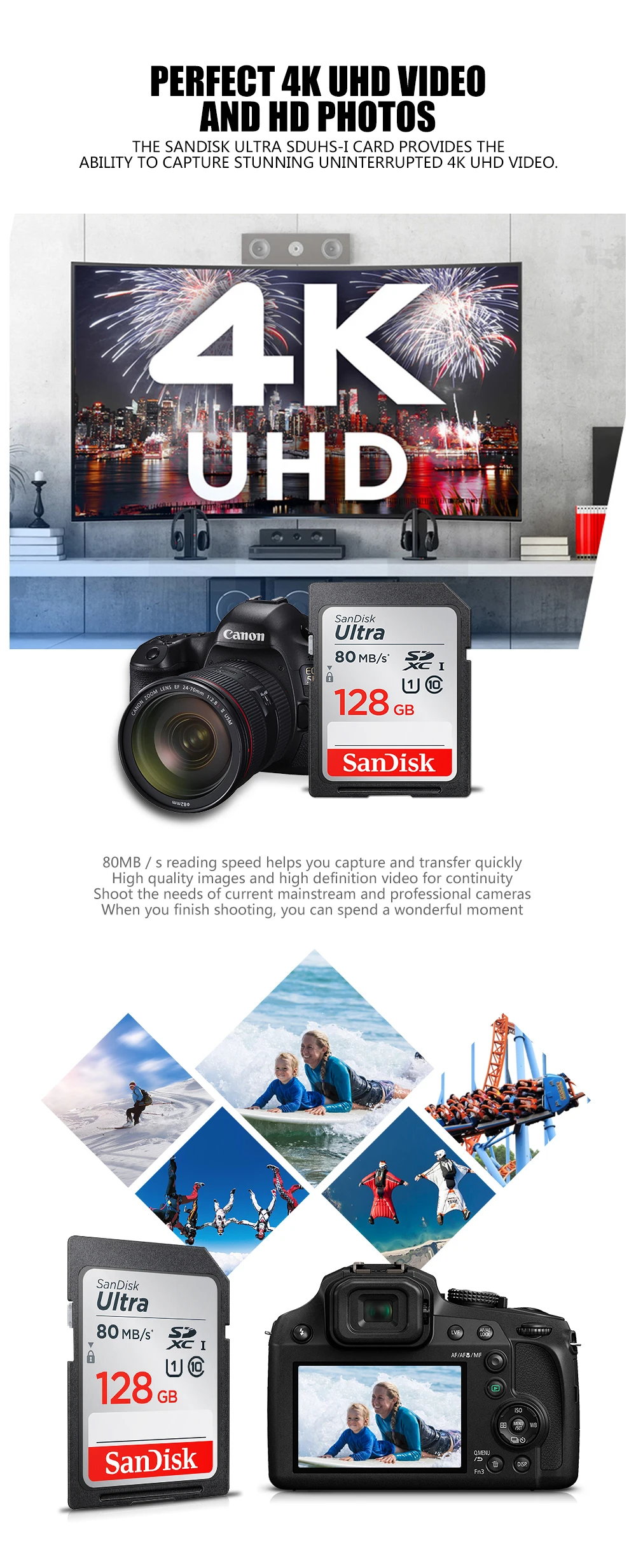 Двойной Флеш-накопитель SanDisk Ultra карты памяти SDHC/SDXC SD карты Class10 16 Гб оперативной памяти, 32 Гб встроенной памяти, 64 ГБ 128 карты C10 UHS-I 80 МБ/с. для cartao de memoria Камера