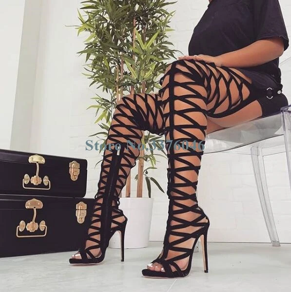 

New Arrival Hollow Out Side Zipper Summer Long Boots Peep Toe Gladiator Over The Knee Boots Summer Sexy Fashion Sandal Boots