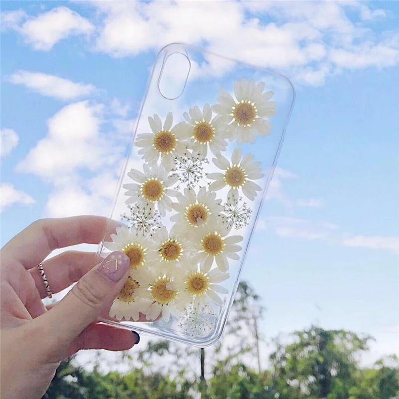 

Chrysanthemum Dried Floral Silicone Phone Case For iPhone X XS Max XR 7 8 Plus 6 6S 5 5S SE Real Daisy Flowers Transparent Cover