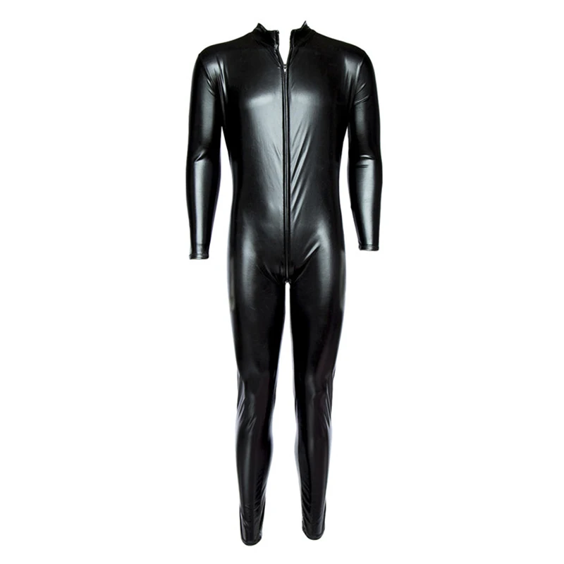 Size M Black PVC bodysuit Spandex Collar 2 catsuit clubwear wet look