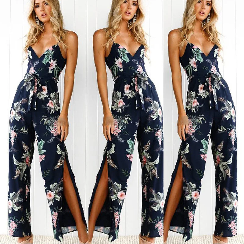 

MAYFULL split sashes embroidery floral jumpsuits full length strap jumpsuit women backless casual leisure pant summer jumpsuit