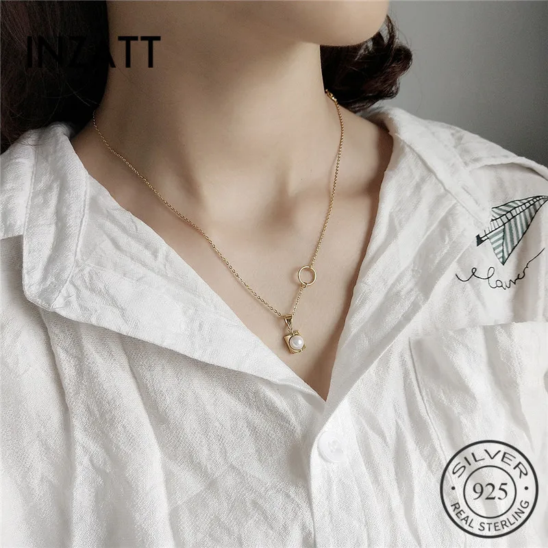 

INZATT Boho Real 925 Sterling Silver Geometric Triangle Pearl Pendant Necklace 2018 For Women Fashion Jewelry Accessories Party