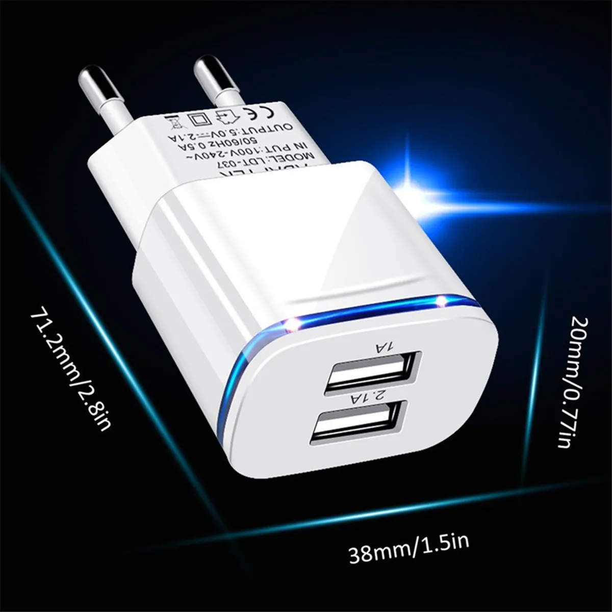 5V 2.1A USB Charger 2 Ports Blue Luminous Light EU Charger Plug Travel
