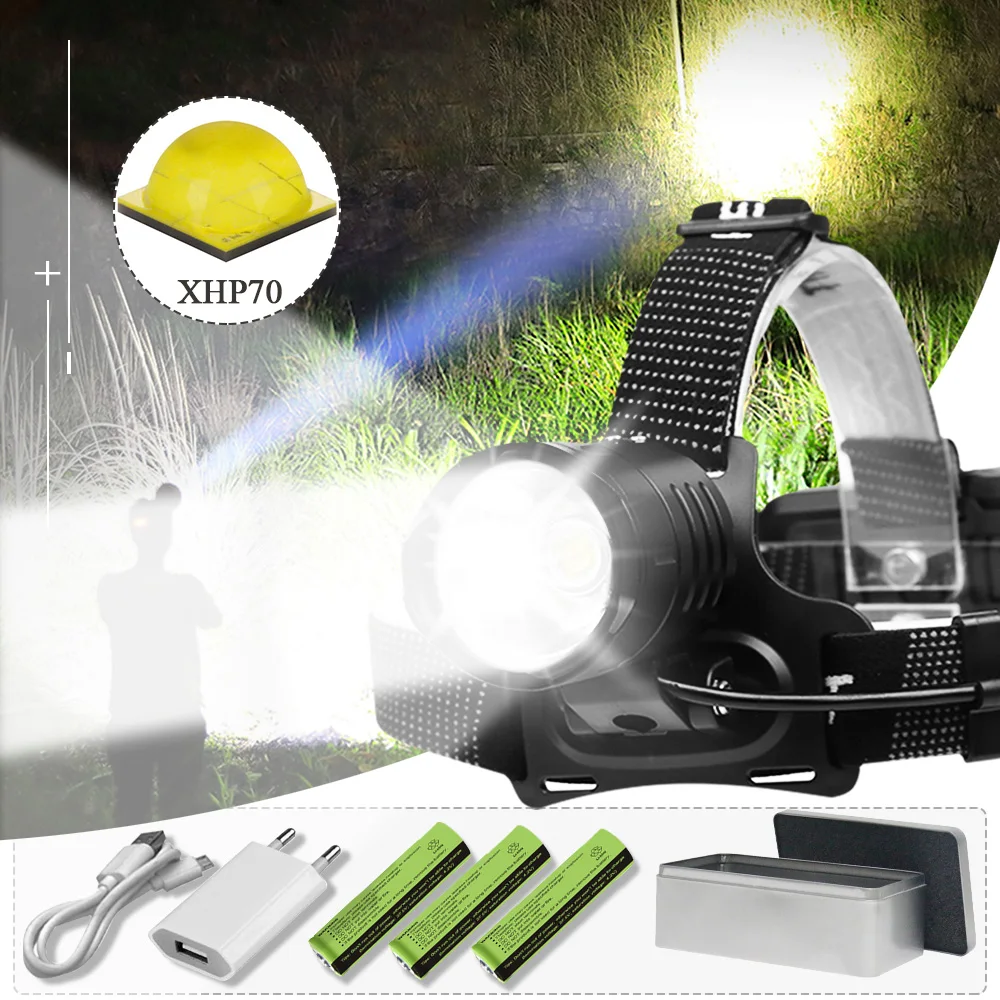 Kopen Xhp70 koplamp high power head lamp led recharge hoofdlamp lantaarn xhp50.2 USB koplamp 18650 outdoor licht Met mobiele power
