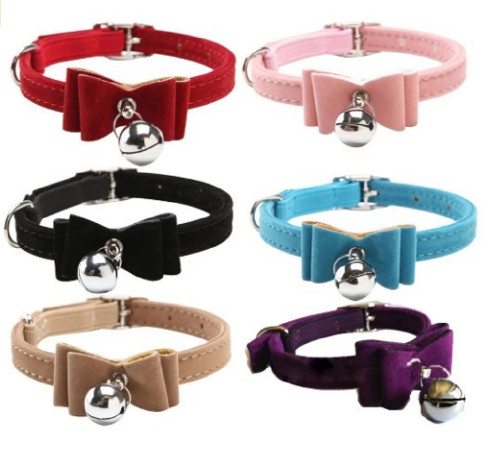 12 pcs/ lot Cute Soft Velvet Belt Dual Bow Tie with Bell Cat Collar for