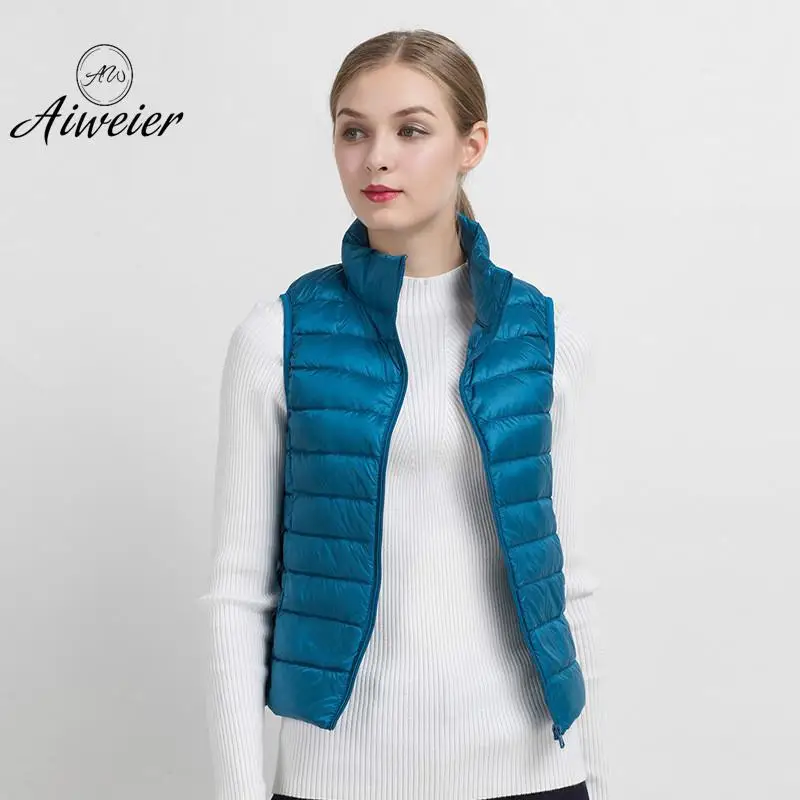 

[Aiweier] Women's Down Jackets Spring Autumn Winter Korean Ultra-light Thin Sleeveless Vest Short Zipper Solid Female Fur Coats