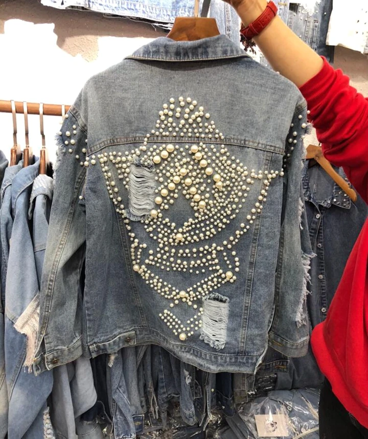 Mode Longues Manches 2018 Lourd Bleu Jeans Perle Manteau Coréenne Gloria Lady Streetwear Trou Denim Nouveau Femmes Veste Vestes À Fille Pvqwq5