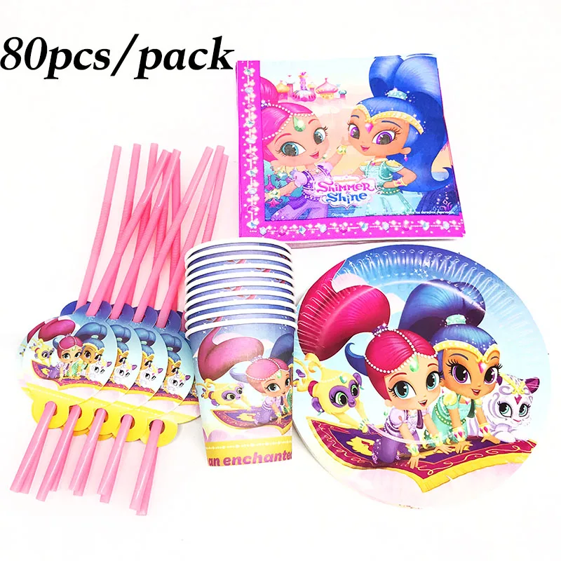 

80pcs Shimmering and Shine disposable plates cups napkins straws Shimmer and Shine party tableware set Shimmer Shine party decor