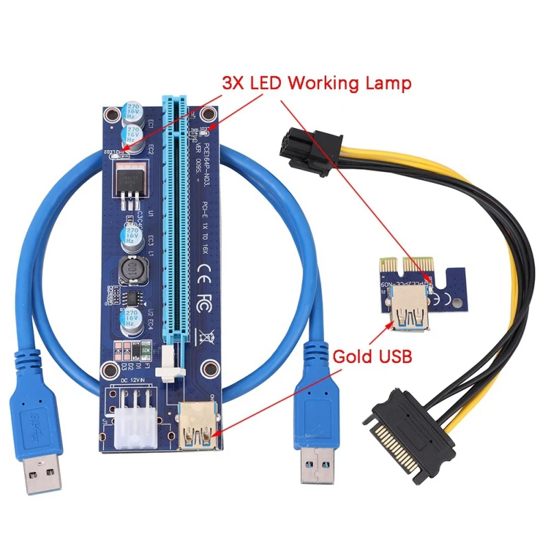 PCI-E Riser 6 Pin 16X for BTC Mining with 3 LED Express Card Sata Power Cable and 60cm Gold USB 3.0 Quality Cable 009S