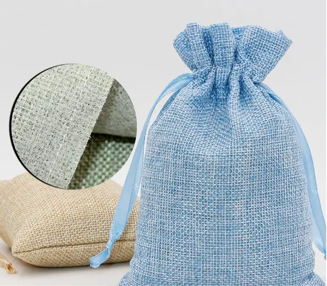 Free Shipping 50pcs 10 x 15cm Blue Color Faux Burlap Linen Gift Bag