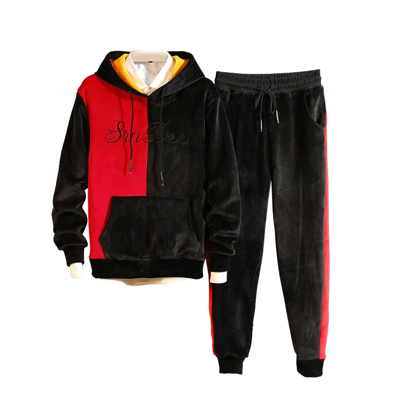 

Loldeal Double-sided plus velvet Sets Fleece Lined Sweatshirt + Pants Tracksuit Warm Sporting Suits Men Sportswear 2 Piece Suit