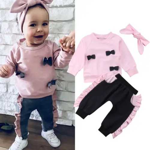 

Emmababy Fashion Kids Baby Girl Pink Bow Tops Sweatshirt Ruffle Pants 3Pcs Outfit Clothes