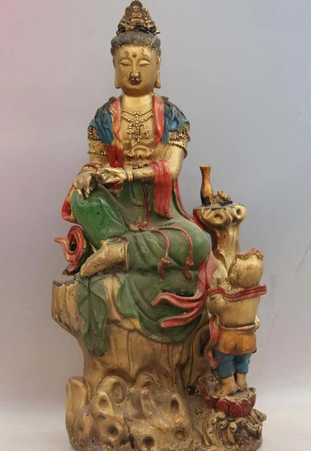 

China Copper Bronze Color Painted Buddhist Free godness Guanyin Kwan-Yin Statue