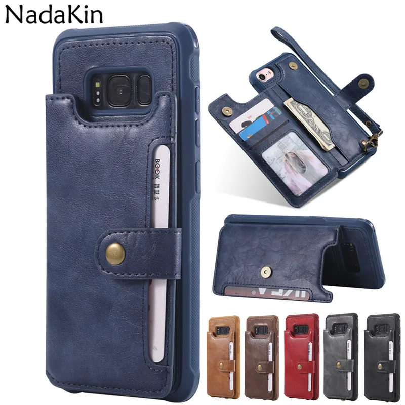 

Leather Case for Samsung Galaxy S8 S9 Plus Wallet Back Cover Card Money Photo Slots Holder Strap Magnetic Button Clasp