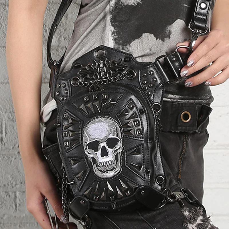 Unisex de Couro Bloco de Fanny Gótico do Punk de Alta Bolsa da Cintura Corpo Cruz Padrão Cabeça Crânio Qualidade Mensageiro Ombro Quadril Perna Bolsas pu