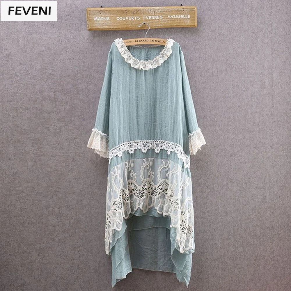 

Female Layers Patchwork Irrugular Lace Knee Length Dress Women Sweet Loose Flare Sleeve Casual Sweet Vestidos Midi Dress Y03533