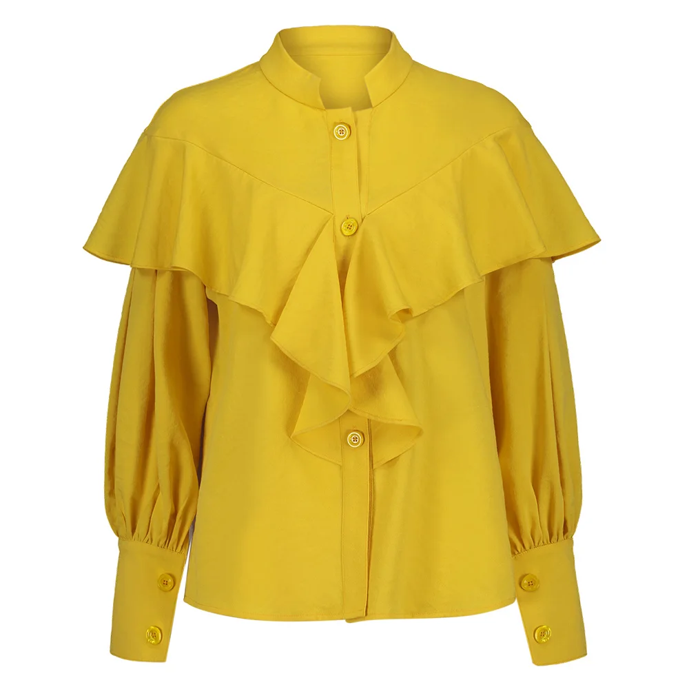 Women Yellow Ruffle Blouse Long Lantern Sleeve Stand Collar Button Tops ...